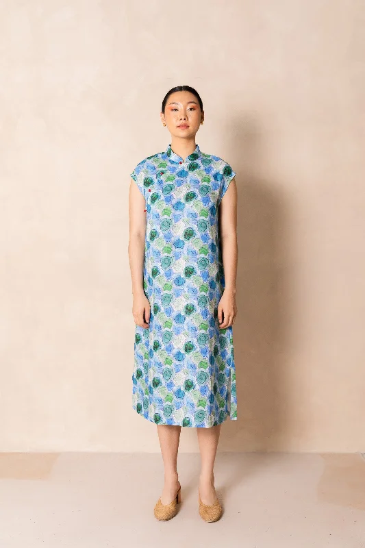 Water Colour Blue Rose Print Cap Sleeve Cheongsam Dress Neutral tone unclassified dresses