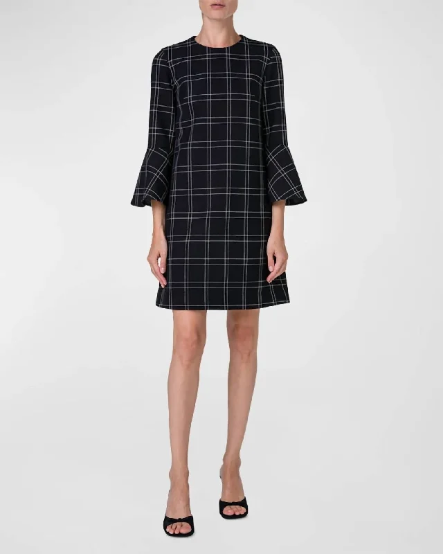 Window Check 3/4-Sleeve Canvas Shift Dress In Black Striped unclassified dresses