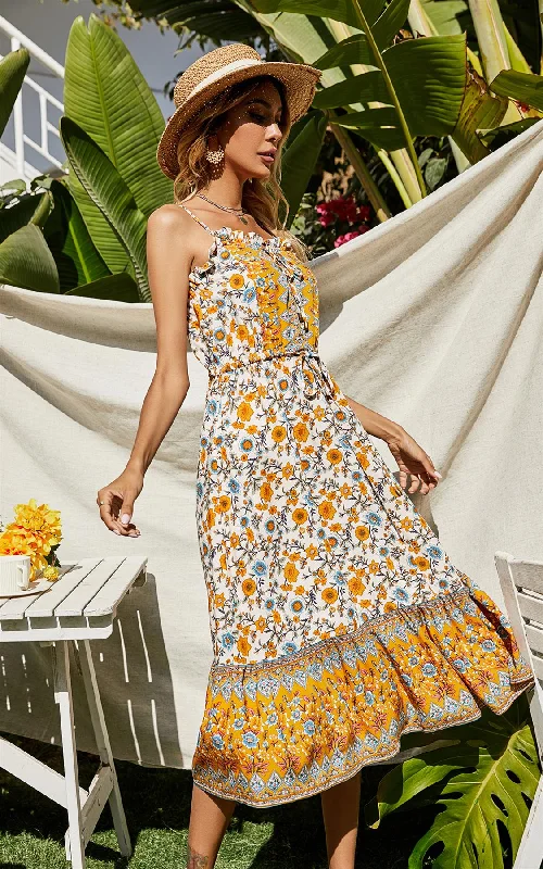 Yellow & Blue Floral Button Front Strappy Midi Dress In White Midi Skirt Print